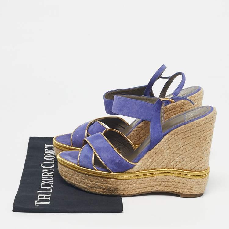 Pre Owned Versace Blue Suede Espadrille Strappy Wedge Sandals Size 39