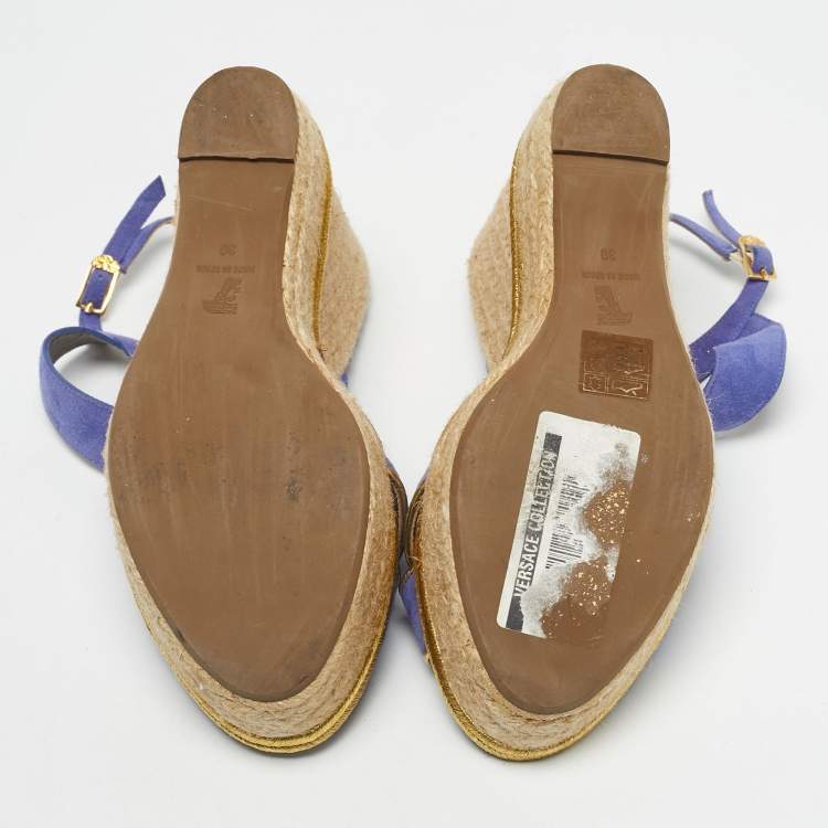 Pre Owned Versace Blue Suede Espadrille Strappy Wedge Sandals Size 39