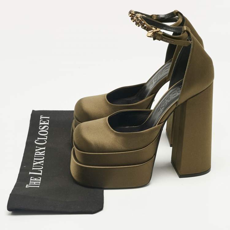 Pre Owned Versace Dark Green Satin D'orsay Crystal Embellish Platform Pumps Size 40