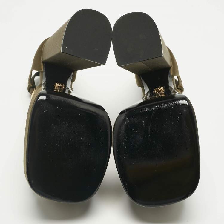 Pre Owned Versace Dark Green Satin D'orsay Crystal Embellish Platform Pumps Size 40