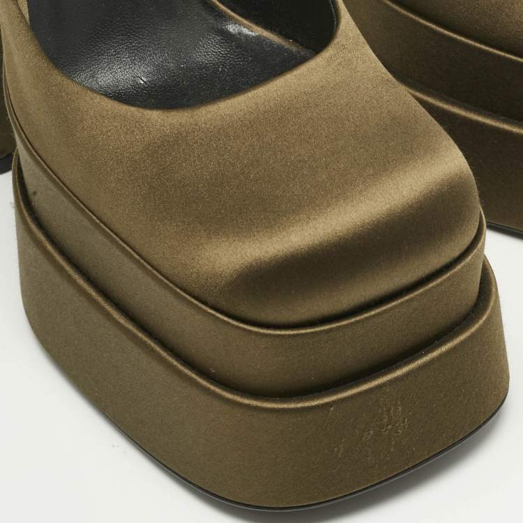 Pre Owned Versace Dark Green Satin D'orsay Crystal Embellish Platform Pumps Size 40
