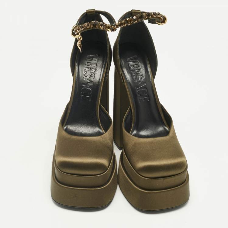 Pre Owned Versace Dark Green Satin D'orsay Crystal Embellish Platform Pumps Size 40