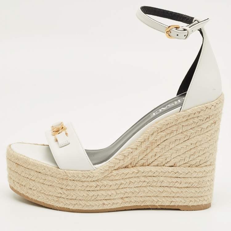Pre Owned Versace White Leather Medusa Espadrille Wedge Sandals Size 38