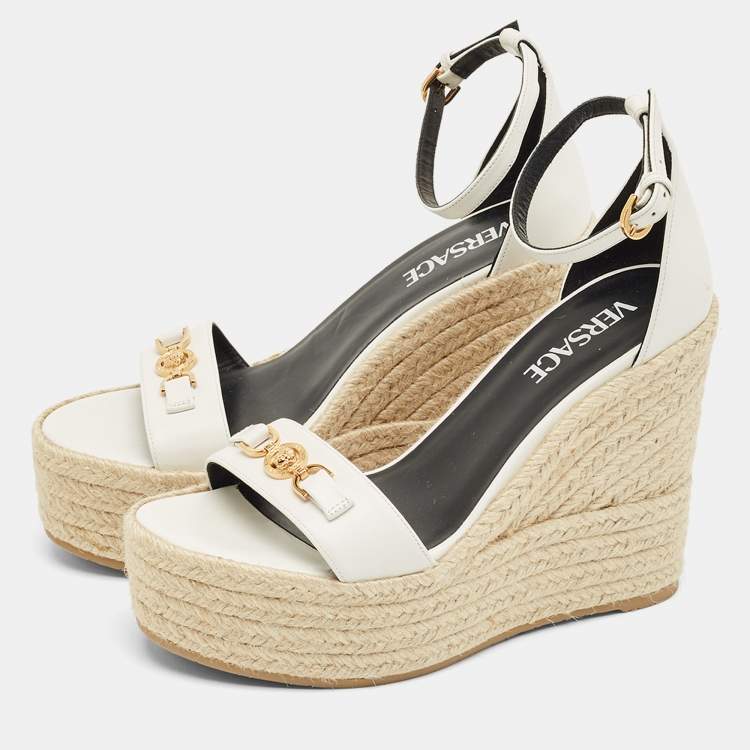 Pre Owned Versace White Leather Medusa Espadrille Wedge Sandals Size 38