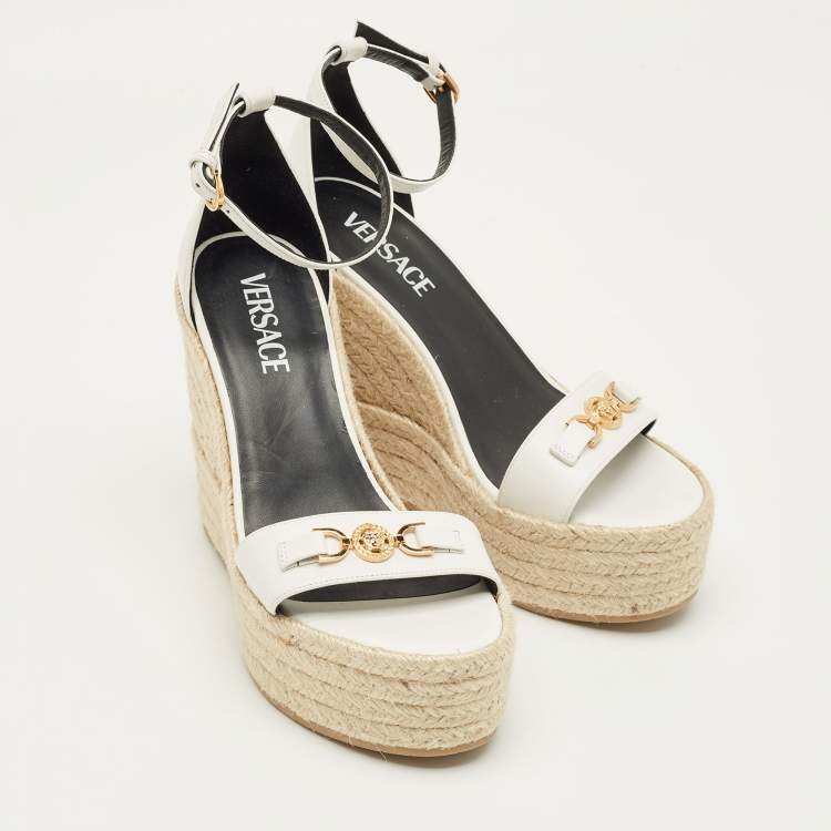 Pre Owned Versace White Leather Medusa Espadrille Wedge Sandals Size 38