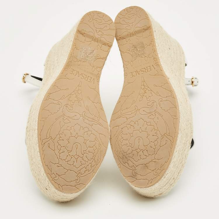 Pre Owned Versace White Leather Medusa Espadrille Wedge Sandals Size 38