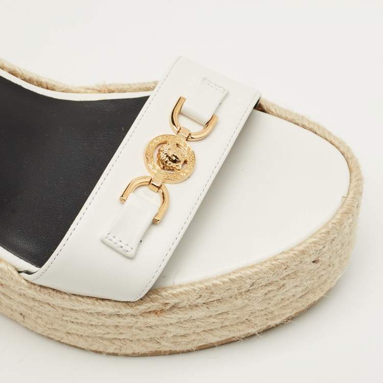 Pre Owned Versace White Leather Medusa Espadrille Wedge Sandals Size 38