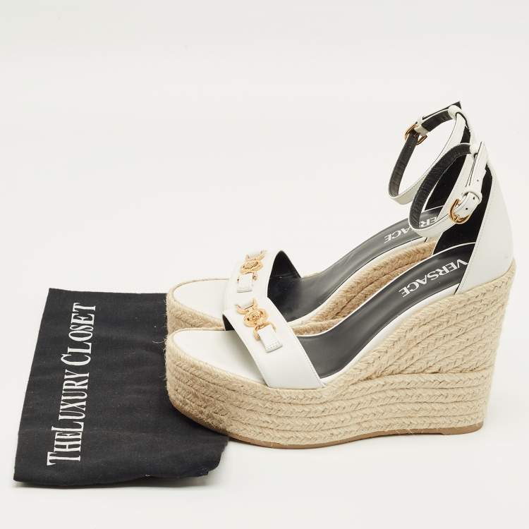 Pre Owned Versace White Leather Medusa Espadrille Wedge Sandals Size 38