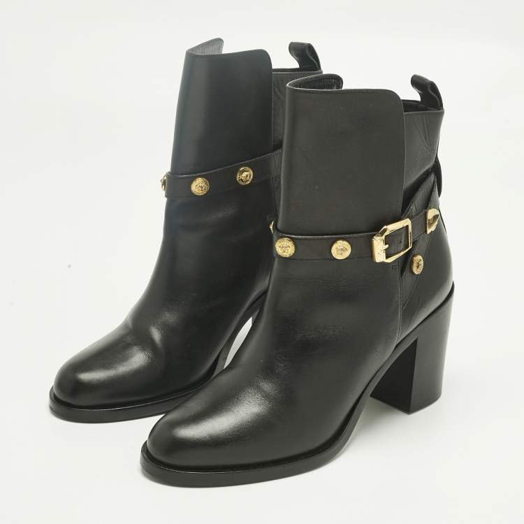 Pre Owned Versace Black Leather Medusa Ankle Length Boots Size 41