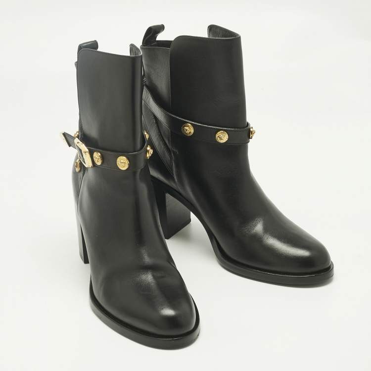 Pre Owned Versace Black Leather Medusa Ankle Length Boots Size 41