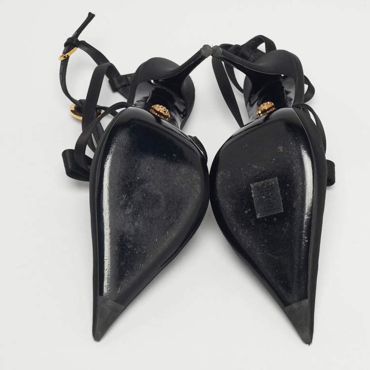 Pre Owned Versace Black Satin Ribbon Cage Ankle Strap Pumps Size 38