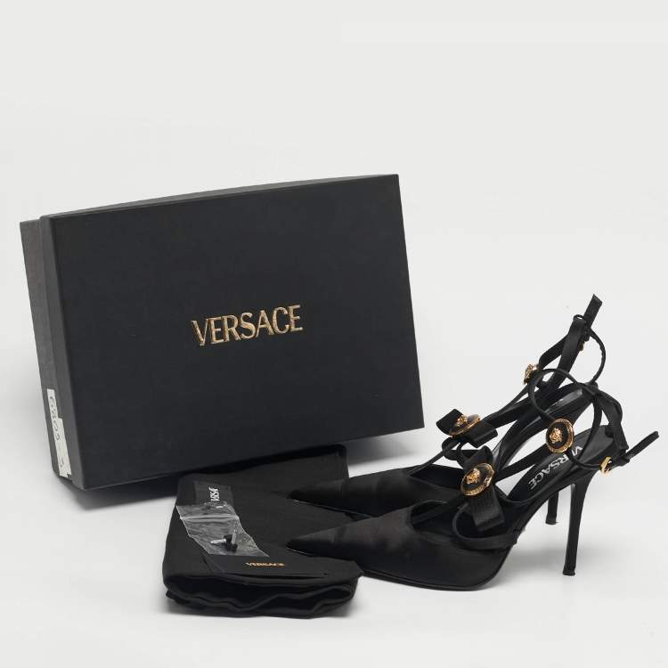 Pre Owned Versace Black Satin Ribbon Cage Ankle Strap Pumps Size 38