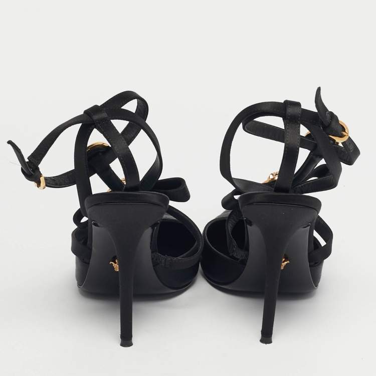Pre Owned Versace Black Satin Ribbon Cage Ankle Strap Pumps Size 38