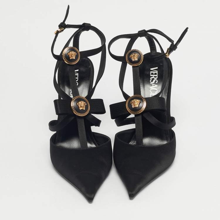 Pre Owned Versace Black Satin Ribbon Cage Ankle Strap Pumps Size 38