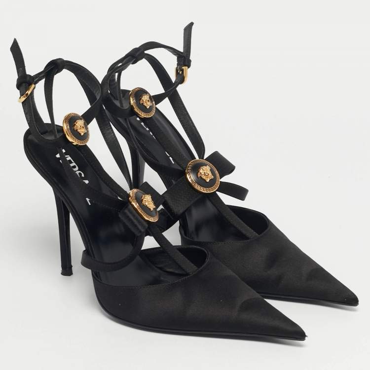 Pre Owned Versace Black Satin Ribbon Cage Ankle Strap Pumps Size 38