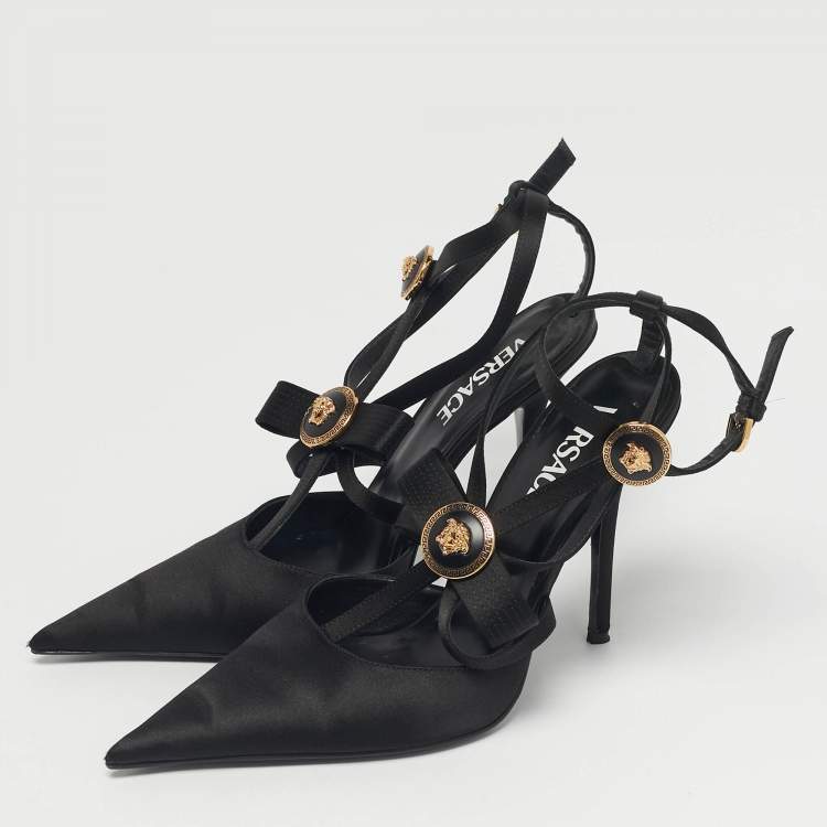 Pre Owned Versace Black Satin Ribbon Cage Ankle Strap Pumps Size 38
