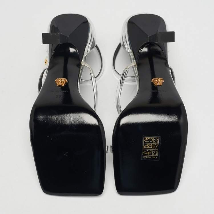 مملوكة مسبقًا Versace Silver Leather Safety Pin Ankle Strap Sandals Size 39