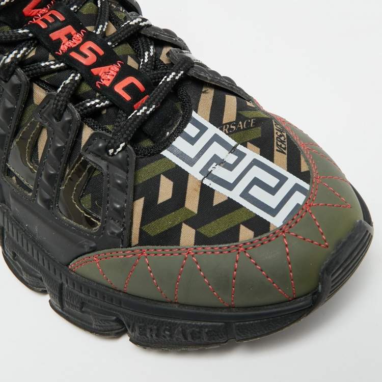 Pre Owned Versace Trigreca  Black/Red Fabric and Leather Sneakers Size 39
