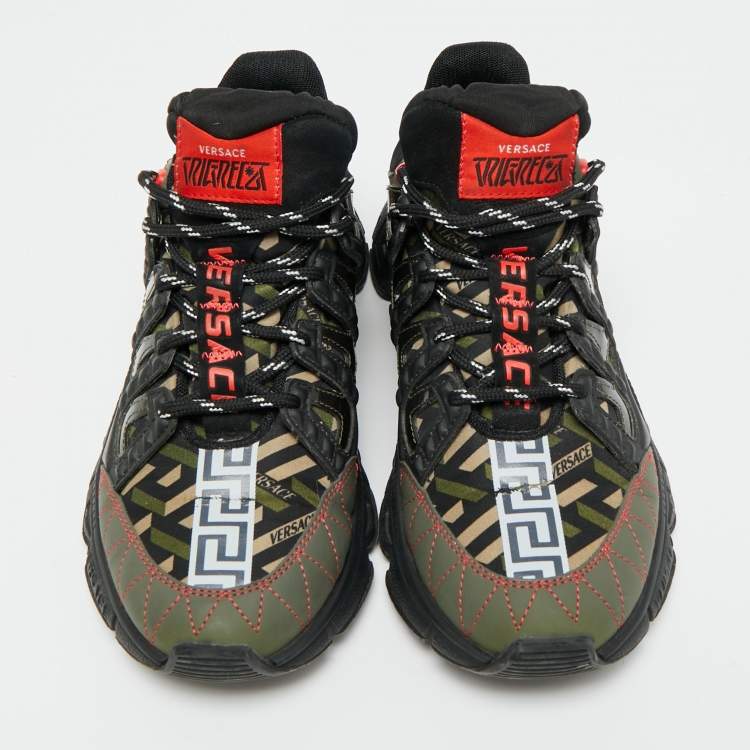 Pre Owned Versace Trigreca  Black/Red Fabric and Leather Sneakers Size 39