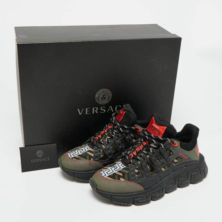 Pre Owned Versace Trigreca  Black/Red Fabric and Leather Sneakers Size 39