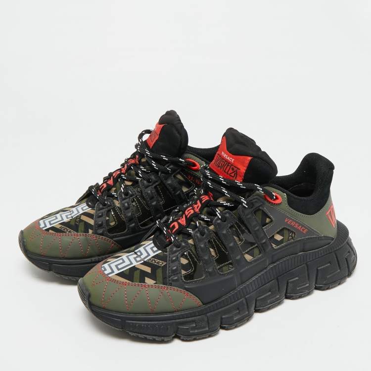 Pre Owned Versace Trigreca  Black/Red Fabric and Leather Sneakers Size 39