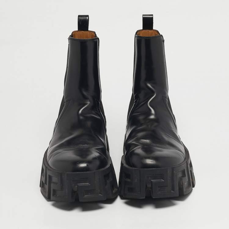 Pre Owned Versace Greca Size 38 Black Leather Ankle Length Boots