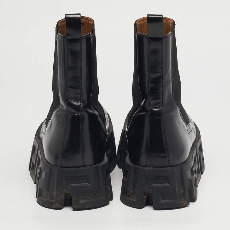 Pre Owned Versace Greca Size 38 Black Leather Ankle Length Boots