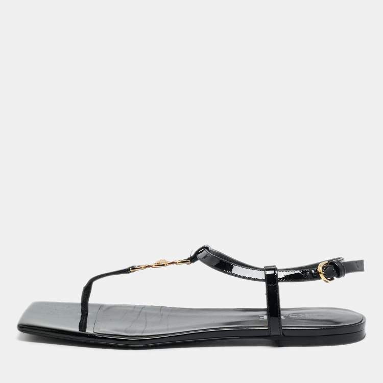 Pre Owned Versace Medusa Size 38 Black Patent Leather Thong Flat Sandals