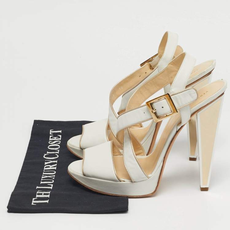 Pre Owned Versace Size 40 White Leather Strappy Platform Sandals