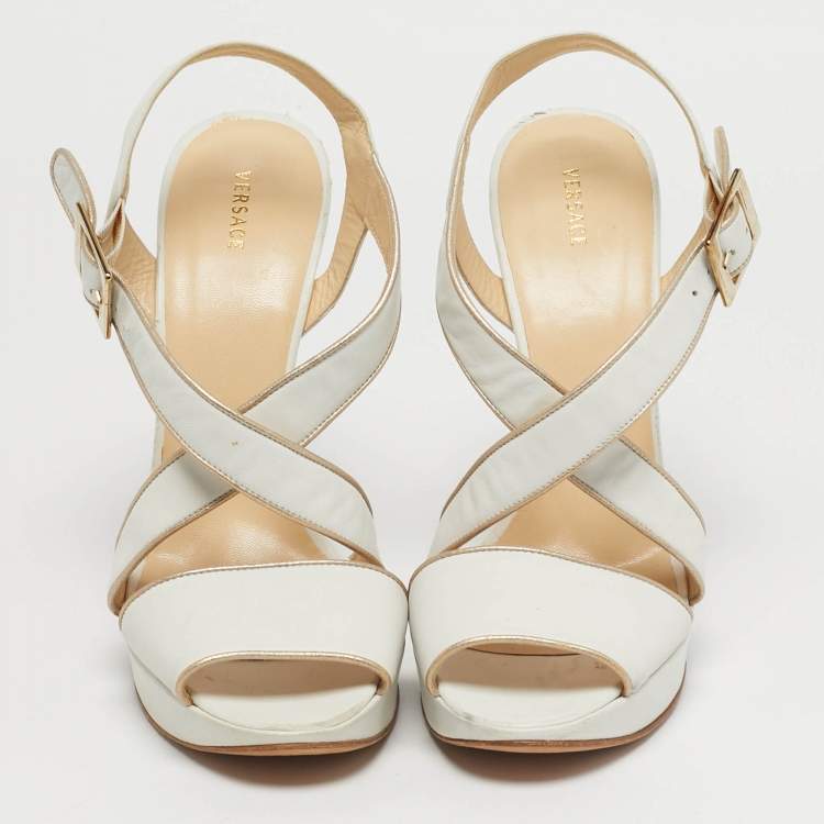 Pre Owned Versace Size 40 White Leather Strappy Platform Sandals