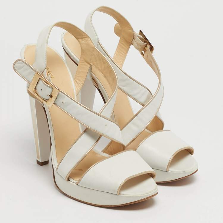 Pre Owned Versace Size 40 White Leather Strappy Platform Sandals