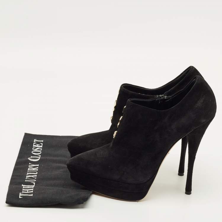Pre Owned Versace Medusa Size 41 Black Suede Pointed Toe Platform Booties