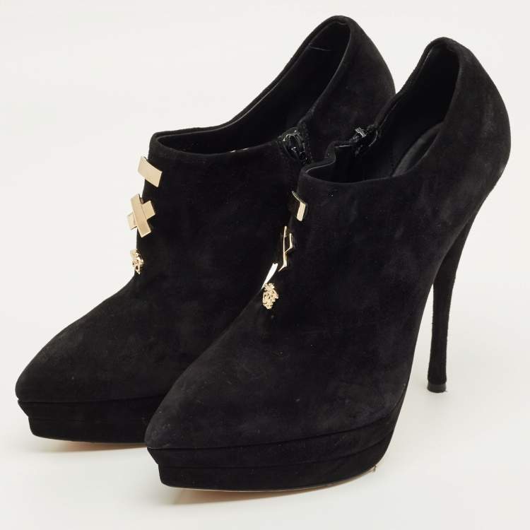 Pre Owned Versace Medusa Size 41 Black Suede Pointed Toe Platform Booties