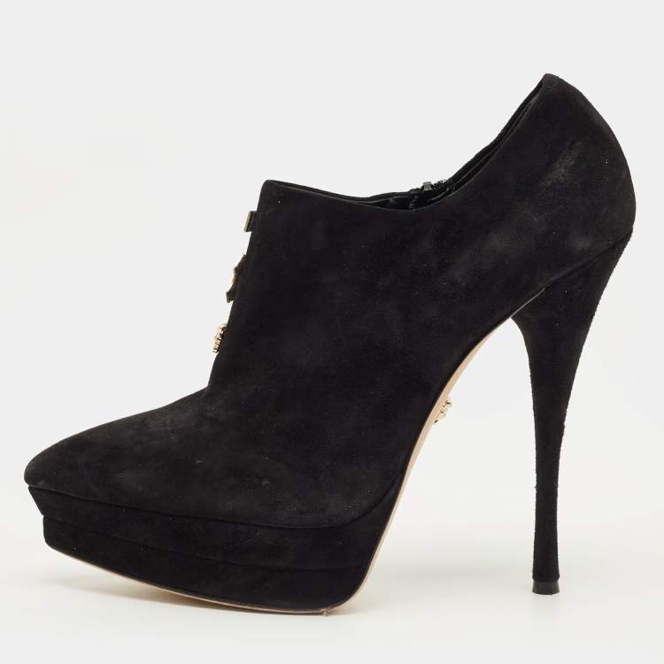 Pre Owned Versace Medusa Size 41 Black Suede Pointed Toe Platform Booties