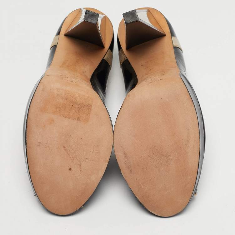 Pre Owned Versace Size 40 Black/Gold Leather Platform Peep Toe Platform Pumps