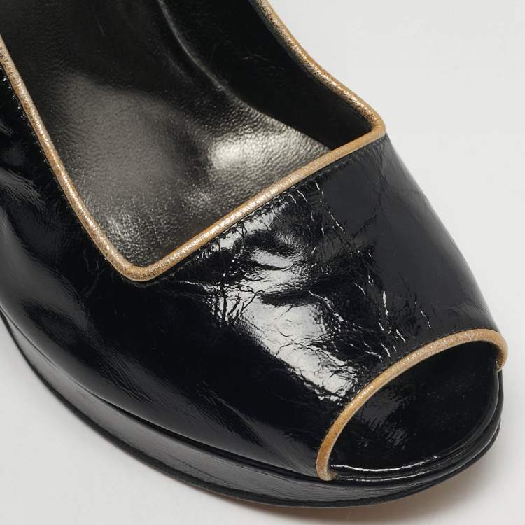 Pre Owned Versace Size 40 Black/Gold Leather Platform Peep Toe Platform Pumps