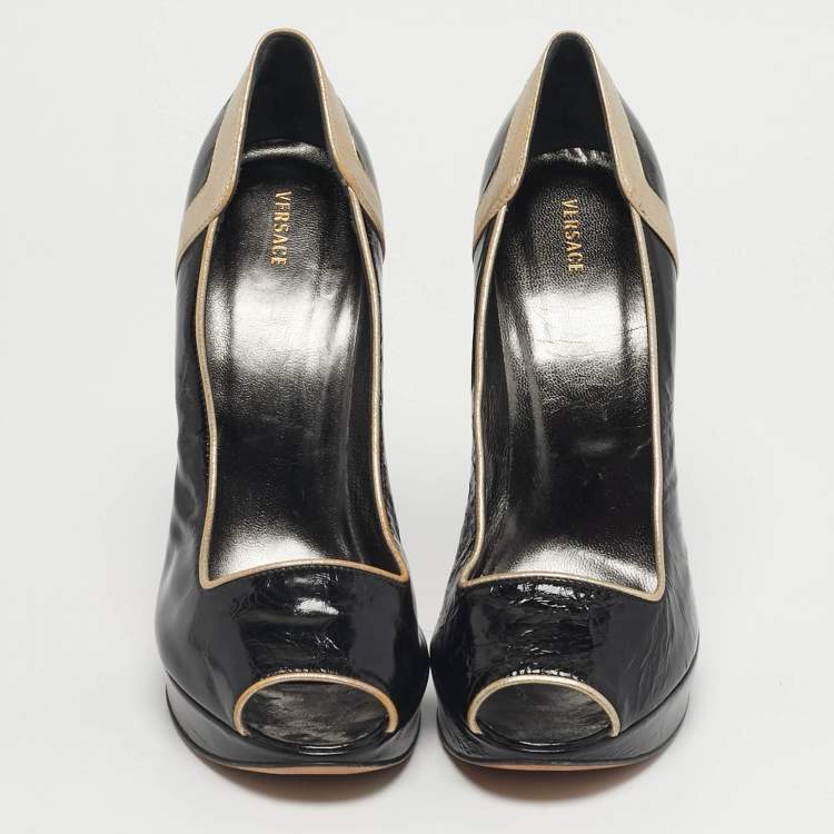 Pre Owned Versace Size 40 Black/Gold Leather Platform Peep Toe Platform Pumps