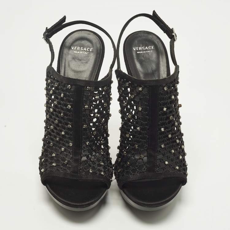 Pre Owned Versace Size 40 Black Mesh and Satin Rhinestone Embellished Open Toe Ankle Strap Sandals            