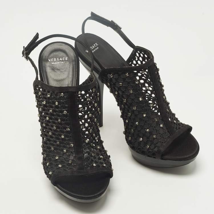 Pre Owned Versace Size 40 Black Mesh and Satin Rhinestone Embellished Open Toe Ankle Strap Sandals            
