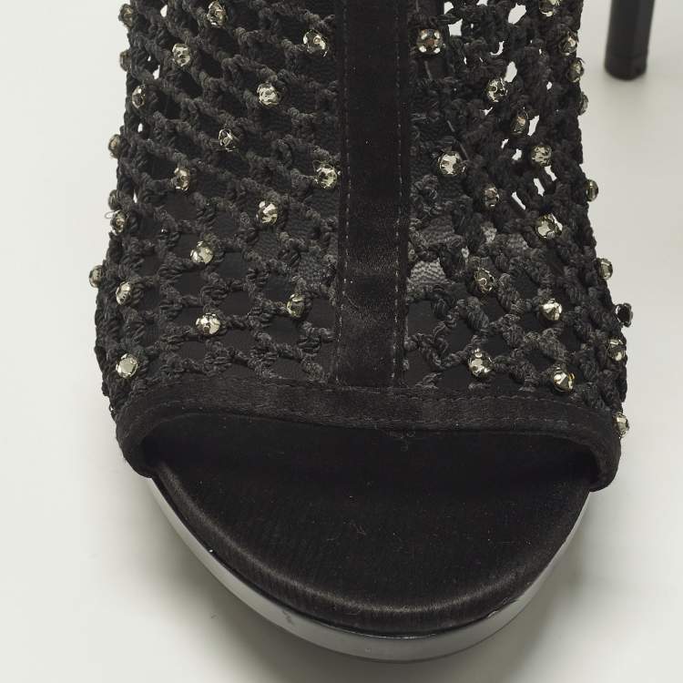 Pre Owned Versace Size 40 Black Mesh and Satin Rhinestone Embellished Open Toe Ankle Strap Sandals            