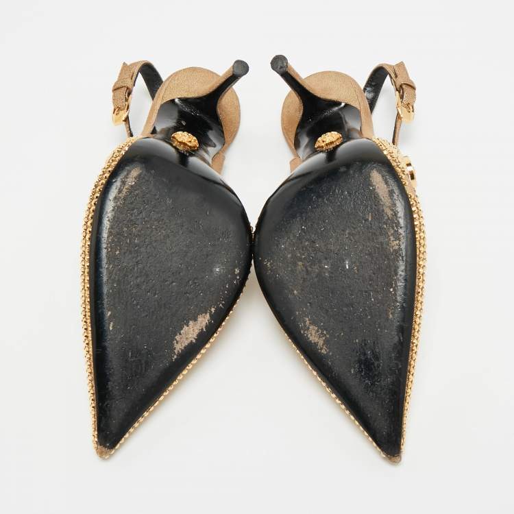 Pre Owned Versace Safety Pin Size 38 Gold Texture Suede Slingback Pumps