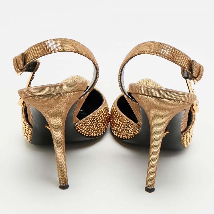 Pre Owned Versace Safety Pin Size 38 Gold Texture Suede Slingback Pumps