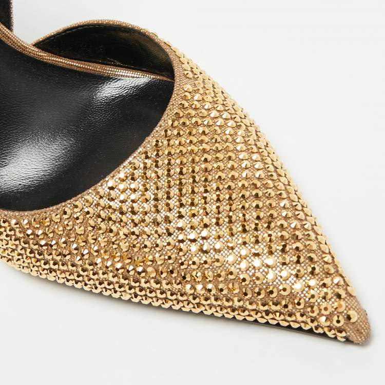 Pre Owned Versace Safety Pin Size 38 Gold Texture Suede Slingback Pumps