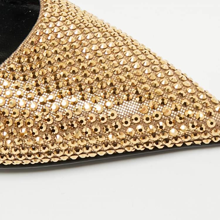 Pre Owned Versace Safety Pin Size 38 Gold Texture Suede Slingback Pumps