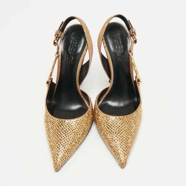 Pre Owned Versace Safety Pin Size 38 Gold Texture Suede Slingback Pumps