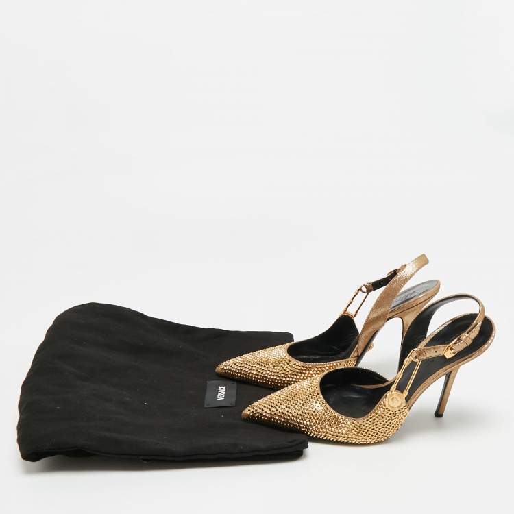 Pre Owned Versace Safety Pin Size 38 Gold Texture Suede Slingback Pumps