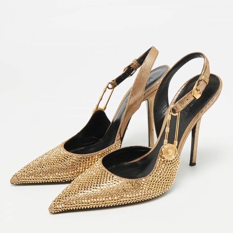 Pre Owned Versace Safety Pin Size 38 Gold Texture Suede Slingback Pumps