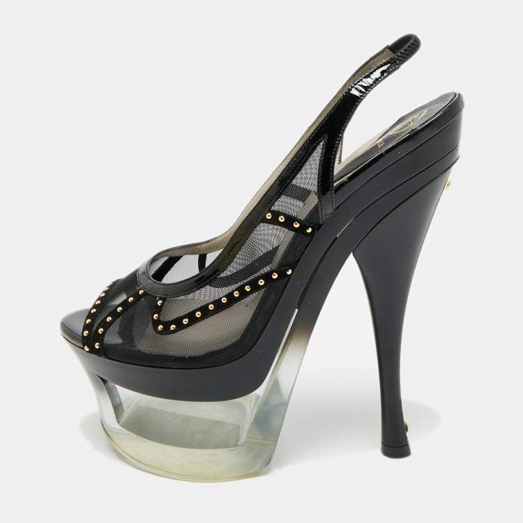 Pre Owned Versace Size 40 Black Leather and Mesh Platform Slingback Sandals