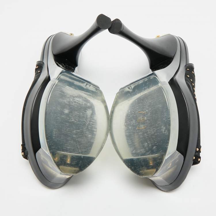 Pre Owned Versace Size 40 Black Leather and Mesh Platform Slingback Sandals