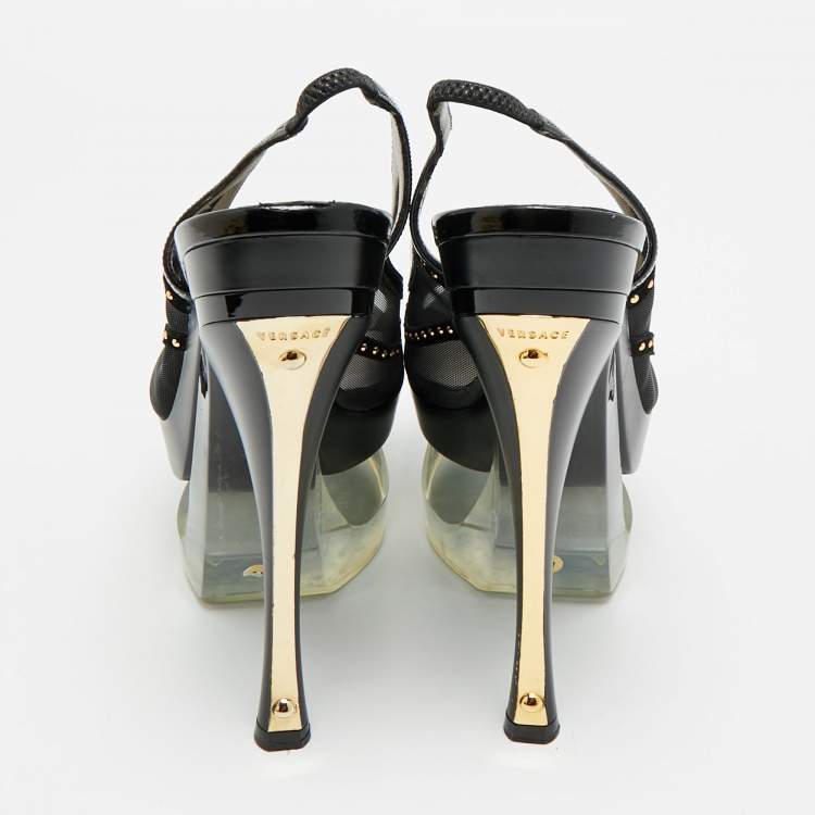 Pre Owned Versace Size 40 Black Leather and Mesh Platform Slingback Sandals